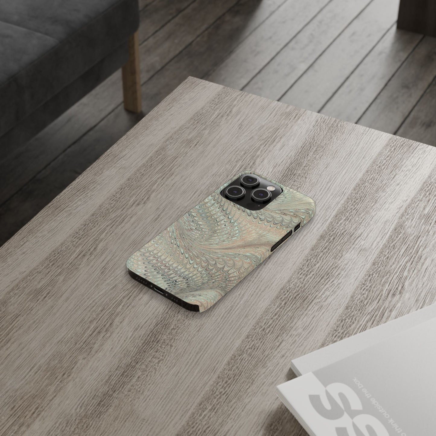 Marbled VIntage Design, Italian Feather Phone Case, Green Hues, Mint, Beige, Neutrals, Slim Phone Cases, IPHONE16 and all sizes